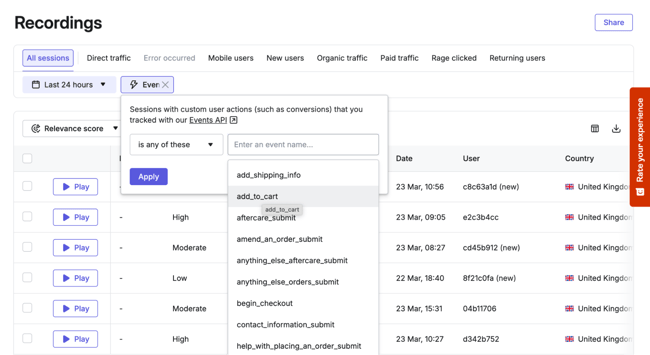 b2b seo tools: Contentsquare session recordings filtered by an add-to-cart event